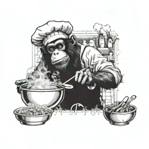 A monkey chef cooking up a storm in a kitchen with acid techno music playing in the background tattoo design idea