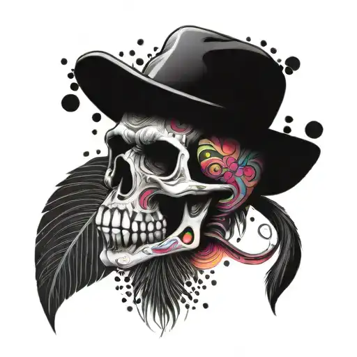 A skull with a monkey's face painted in vibrant colors, set against a backdrop of a Colombian beach party with acid techno music playing tattoo design idea