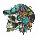A skull with a monkey's face painted in vibrant colors, set against a backdrop of a Colombian beach party with acid techno music playing tattoo design idea