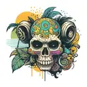 A skull with a monkey's face painted in vibrant colors, set against a backdrop of a Colombian beach party with acid techno music playing tattoo design idea