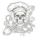A skull wearing a chef's hat surrounded by cooking utensils and ingredients, with a monkey swinging from a vine in the background tattoo design idea