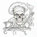 A skull wearing a chef's hat surrounded by cooking utensils and ingredients, with a monkey swinging from a vine in the background tattoo design idea