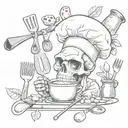 A skull wearing a chef's hat surrounded by cooking utensils and ingredients, with a monkey swinging from a vine in the background tattoo design idea
