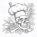 A skull wearing a chef's hat surrounded by cooking utensils and ingredients, with a monkey swinging from a vine in the background tattoo design idea