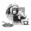 A monkey chef cooking up a storm in a kitchen with acid techno music playing in the background tattoo design idea