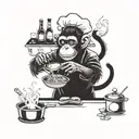A monkey chef cooking up a storm in a kitchen with acid techno music playing in the background tattoo design idea
