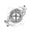 A rope forming the shape of a treble clef, with a compass at the top and waves at the bottom, combining the client's interests in music, navigation, and the sea. tattoo design idea
