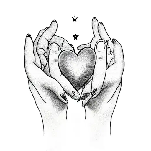 hands holding a heart with four stars leading to cross tattoo design idea