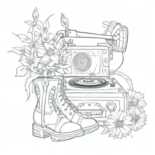 record player, flowers, anatomical heart, sun, cowgirl boots tattoo design idea