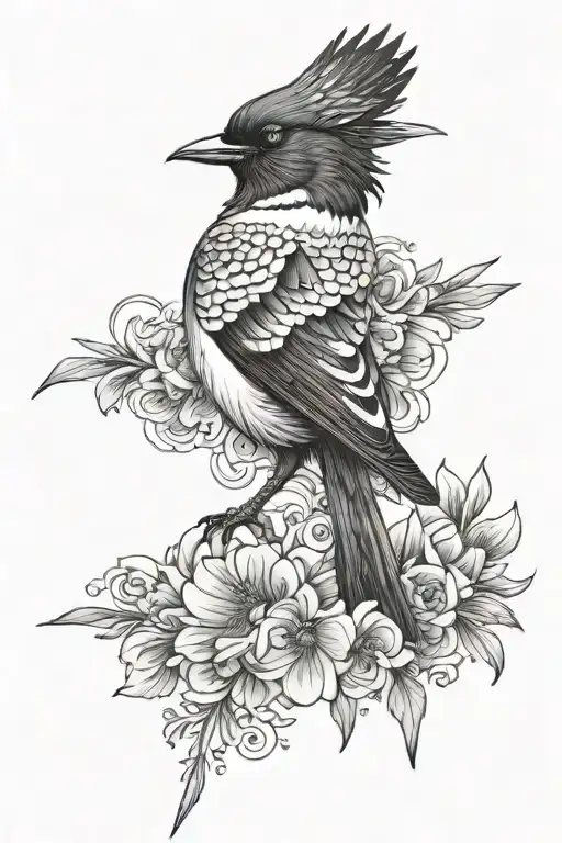 black and Grey Tattoo design with eurasian magpie in the center and many typical tattoo adds all over the place tattoo design idea