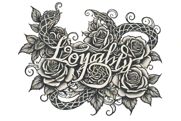 word loyalty in cursive writing with roses and snakes around it and a little cross  tattoo design idea