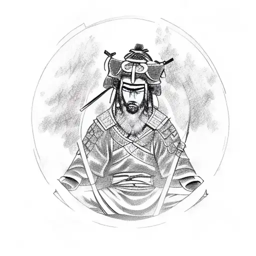 A sketch-style tattoo of a samurai warrior meditating under a holy tree tattoo design idea