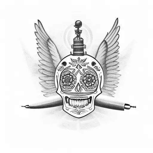 A tattoo of a vintage airplane flying over the Chicago skyline with a Mexican sugar skull pilot, fishing rods as propellers, and guns as wings tattoo design idea