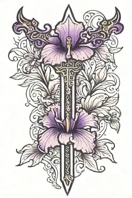 Sword with purple Iris flowers tattoo design idea