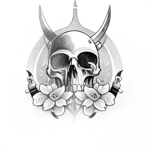 viking axe with raven skull and viking flowers  tattoo design idea