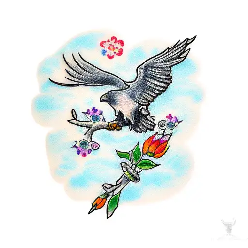 axe with raven and flowers  tattoo design idea