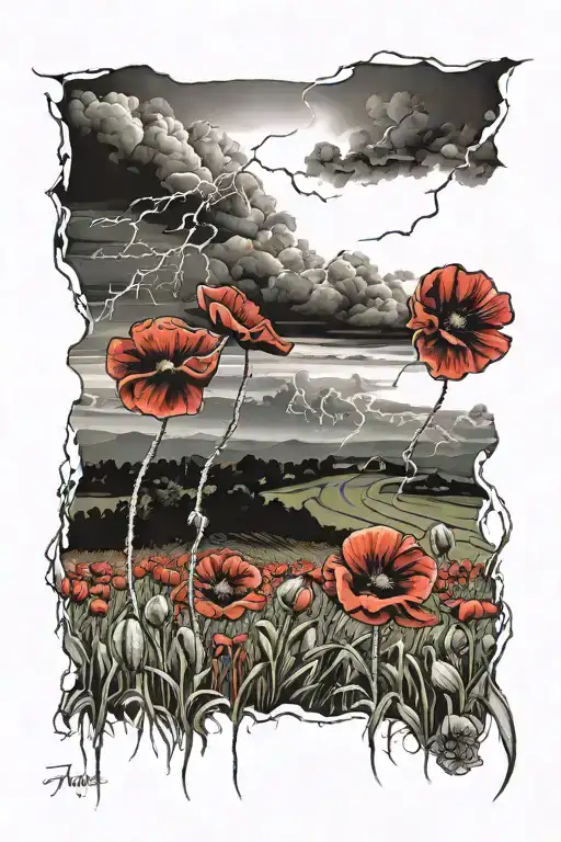 thunder storm over a field of poppies tattoo design idea
