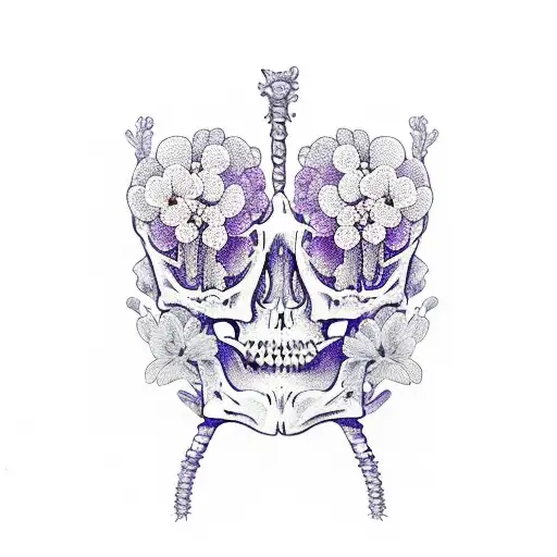 A skeleton torso hugging itself surrounded by violets, strawberry plants, lavendar, and foget me nots. With the words “b tattoo design idea