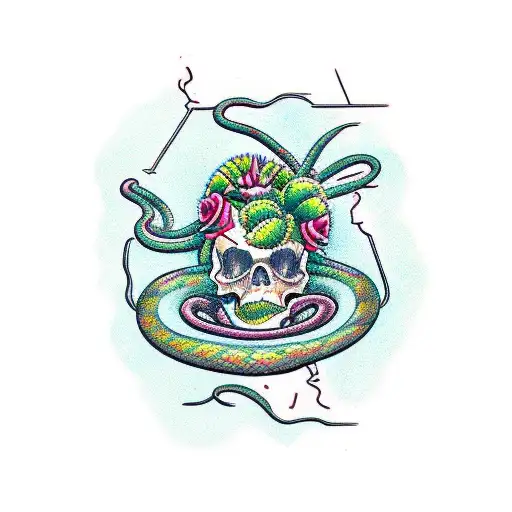 Arizona, Scull, Cactus, snake, heavy lines, bright color tattoo design idea