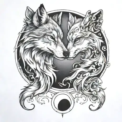 A tattoo of a wolf and fox facing each other in a yin and yang formation tattoo design idea