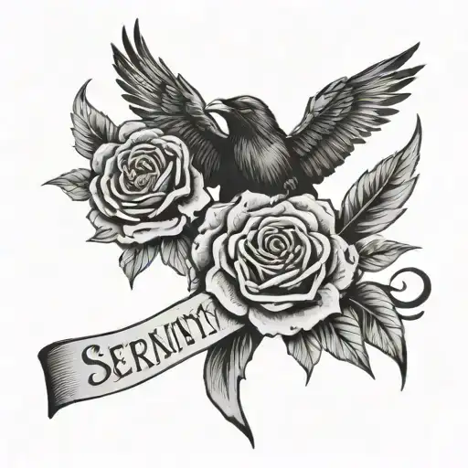 serenity prayer on a banner with a crow who has a black rose in its mouth in the left corner  tattoo design idea