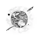 A surreal art piece featuring a globe surrounded by a galaxy of stars and planets tattoo design idea