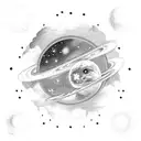 A surreal art piece featuring a globe surrounded by a galaxy of stars and planets tattoo design idea