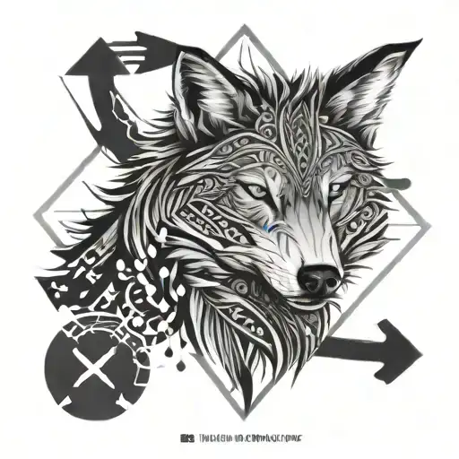 A tribal-inspired design incorporating a wolf as a central figure, surrounded by arrows pointing forward to represent progress tattoo design idea