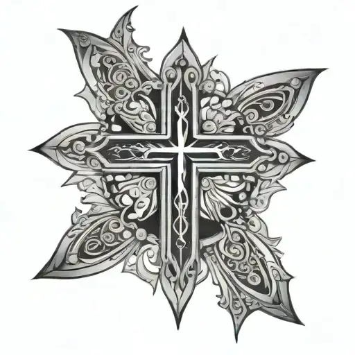 A detailed cross with intricate patterns inspired by church stained glass windows tattoo design idea