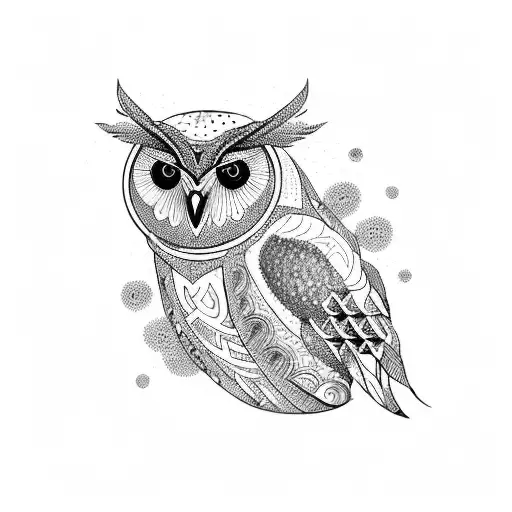An owl with intricate geometric patterns and symbols inspired by Greek mythology tattoo design idea