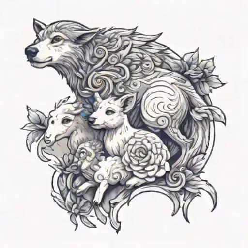 back tattoo wolf and a lamb peacefully coexisting tattoo design idea