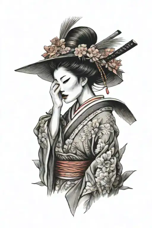 bushido geisha covering her face tattoo design idea