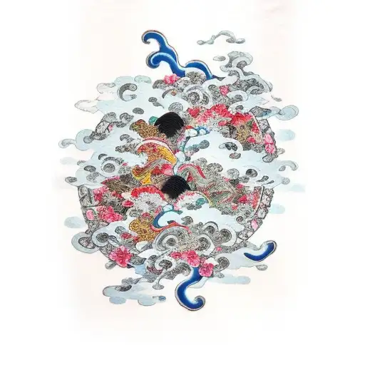 A bold and vibrant traditional Japanese-style tattoo depicting Raijin and Fujin surrounded by cherry blossoms and crashing waves. tattoo design idea