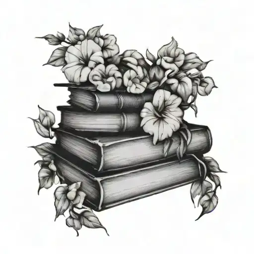 A stack of books surrounded by Esther and morning glory flowers tattoo design idea