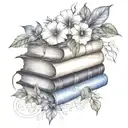 A stack of books surrounded by Esther and morning glory flowers  tattoo design idea