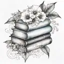 A stack of books surrounded by Esther and morning glory flowers  tattoo design idea