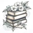 A stack of books surrounded by Esther and morning glory flowers  tattoo design idea