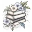 A stack of books surrounded by Esther and morning glory flowers  tattoo design idea