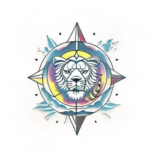 Lion Ocean Mountains Compass tattoo design idea