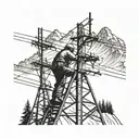 A lineman working on a power pole with a backdrop of mountains tattoo design idea