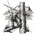 A lineman working on a power pole with a backdrop of mountains tattoo design idea