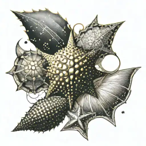sea urchin star fish and sea shell turn golden ratio tattoo design idea