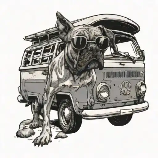 A boxer dog wearing sunglasses driving an old VW van with music speakers on the roof tattoo design idea