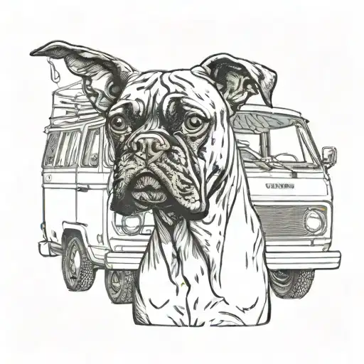 A silhouette of a boxer dog listening to music in an old VW van tattoo design idea