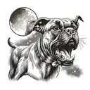 A boxer dog howling at the moon with a music festival backdrop tattoo design idea