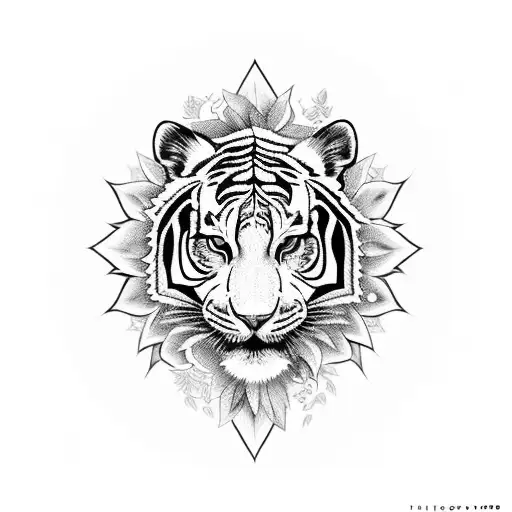 Intricate white tiger headdress with nature elements on a spirit girl's head tattoo design idea