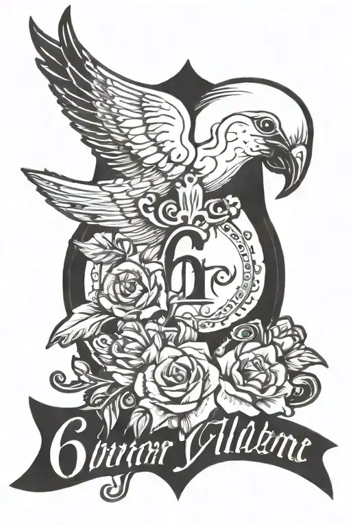 cybersigilism cross with a small dove holding a rosary in its mouth with the date: "6.7.11" in a script font tattoo design idea