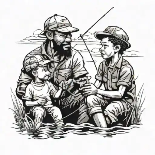 Black man with a cap and his 4 year old son fishing tattoo design idea
