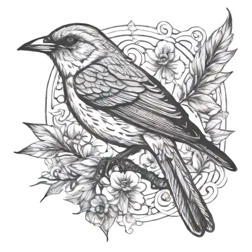 Nightingale with quill pen tattoo design idea