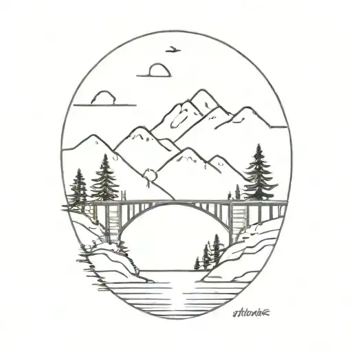 a bridge with mountains and a pinetree   tattoo design idea